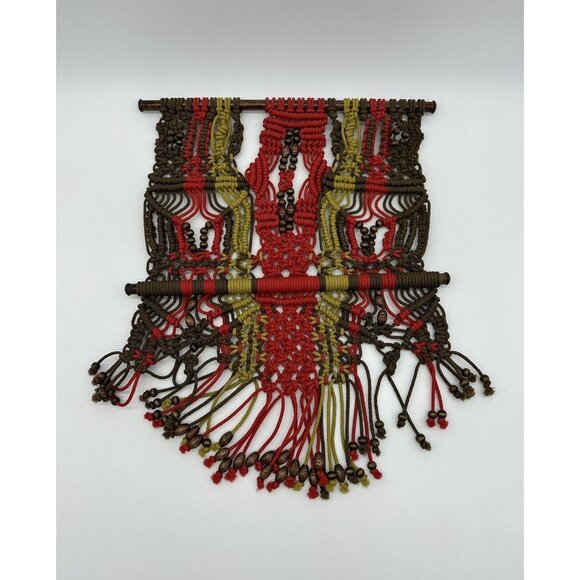Macrame Wall Hanging Boho Wood Rod Green Red Brown Beads Striped Rope Art Nylon - Picture 2 of 7